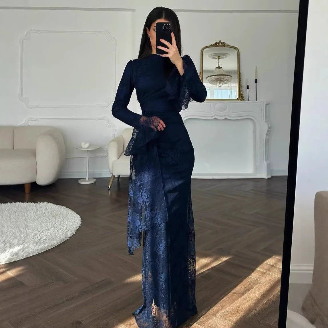 Lace Fitted Bell Sleeve Ankle-Length Dress