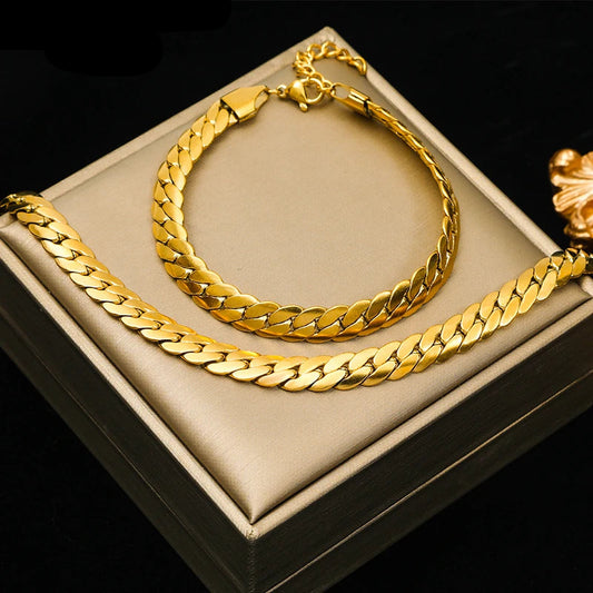 Gold Flat Chain Jewelry Set