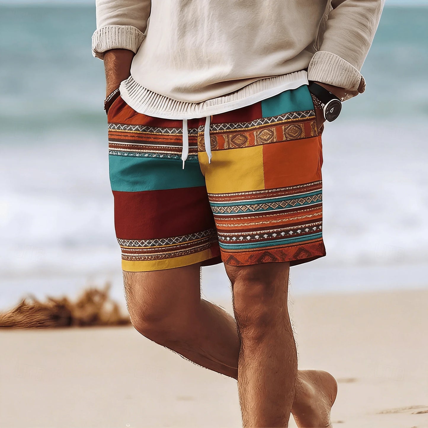 Rhombus Embroidery Drawstring Beach Shorts