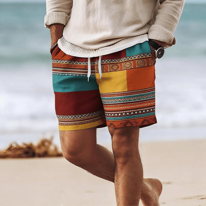 Rhombus Embroidery Drawstring Beach Shorts