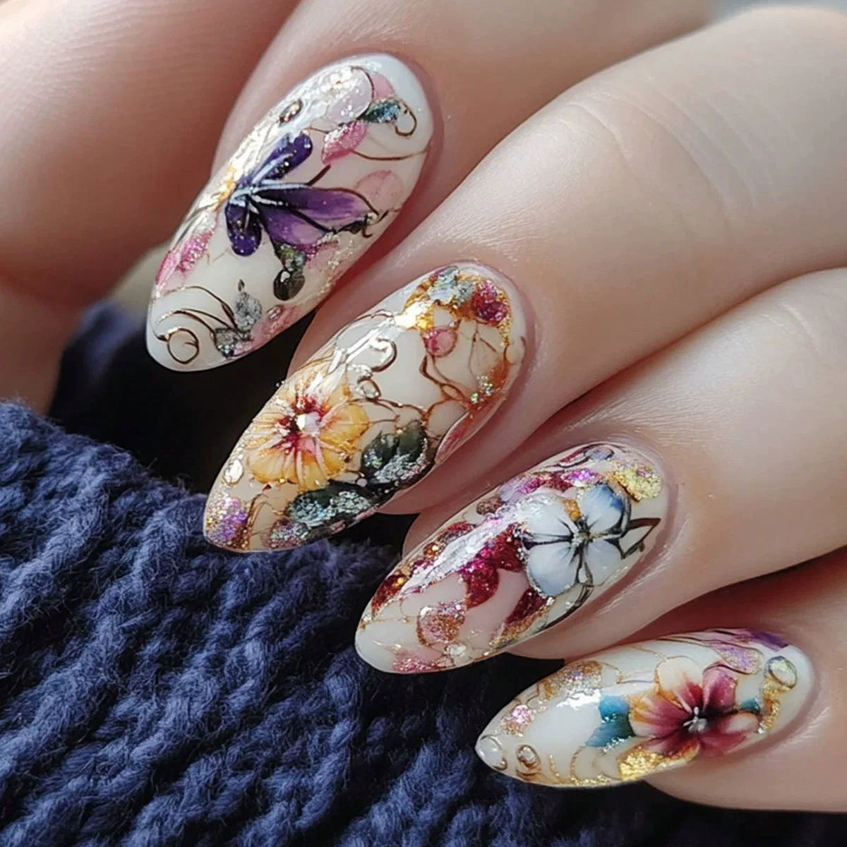 Floral Almond Press-On Nails