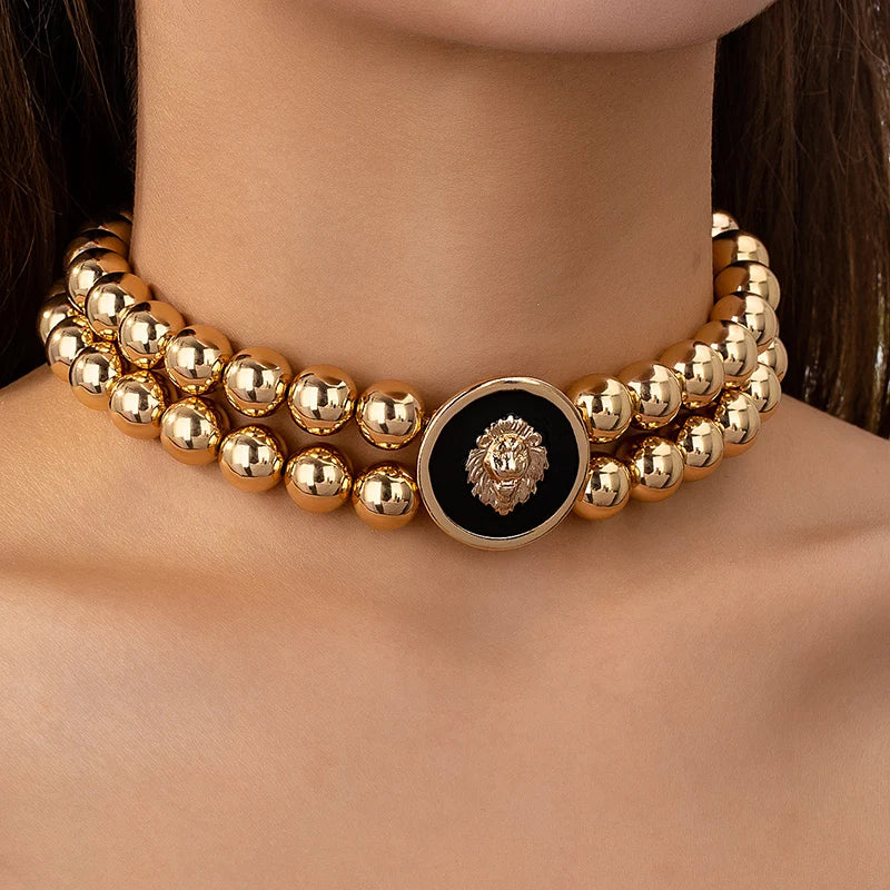 Vintage Lion Head Enamel Choker Necklace