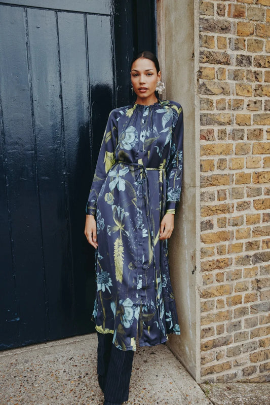 Satin Ruffled-Neck Dress with Removable Belt