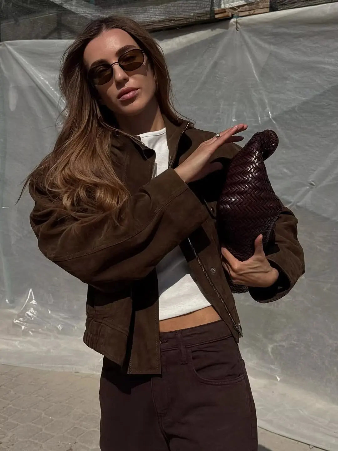Stand Collar Faux Suede Jacket