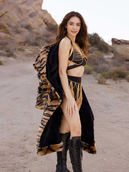 Tiger Stripe Hooded Faux Fur Coat