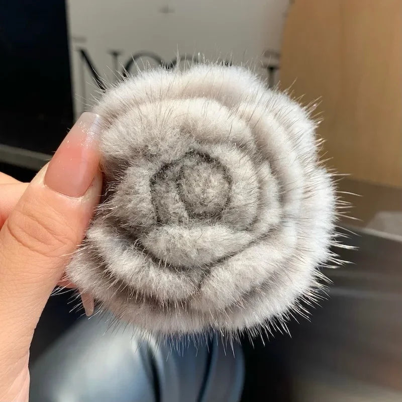Real Mink Fur Flower Brooch