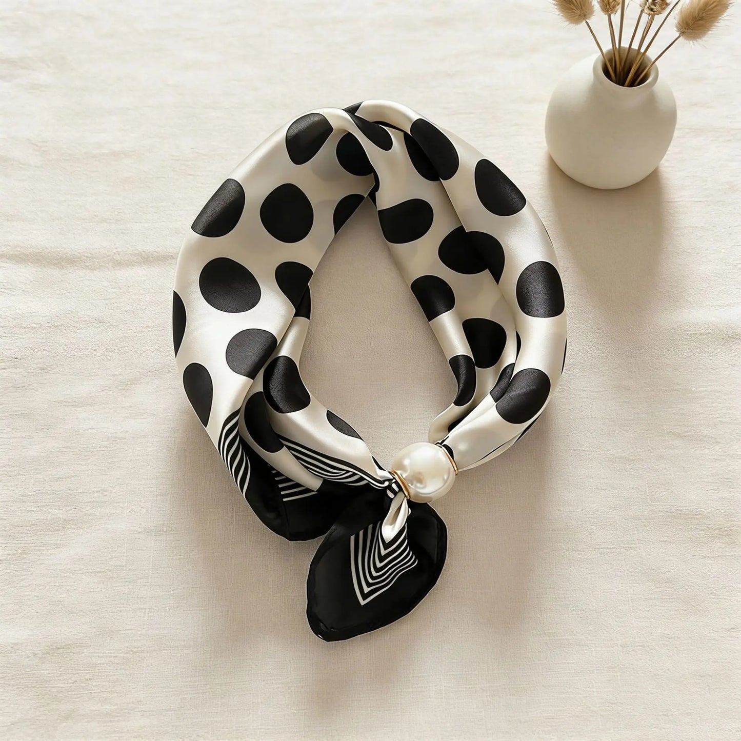 Print Scarf Silk Pearl Buckle