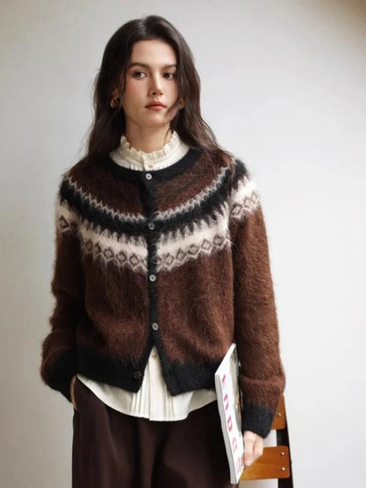 Jacquard Color-Block Wool Blend Cardigan