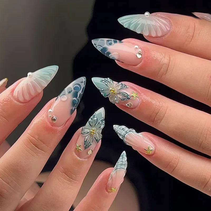 Gradient Blue Flower Press-On Nails
