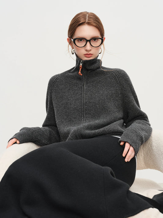 Wool Blend Zip Knit Cardigan