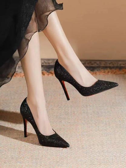 Red Sole Sequin Pointed High Heels