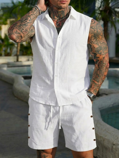 Cotton Linen Sleeveless Shirt Set
