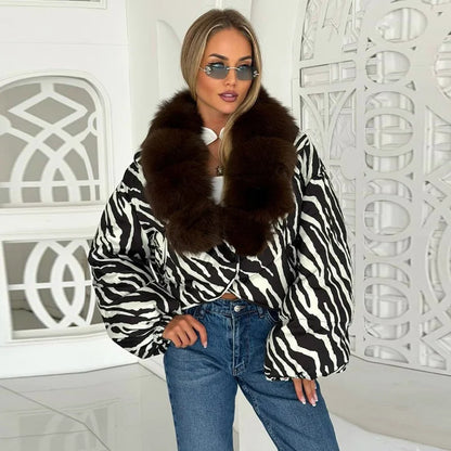 Printed Fur Collar Padded Jacket