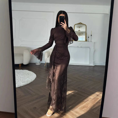 Lace Fitted Bell Sleeve Ankle-Length Dress