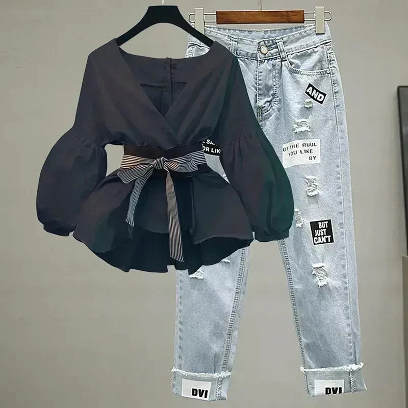 Elegant V-Neck Chiffon Top with Jeans