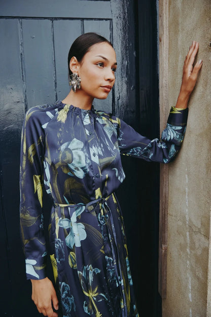 Satin Ruffled-Neck Dress with Removable Belt