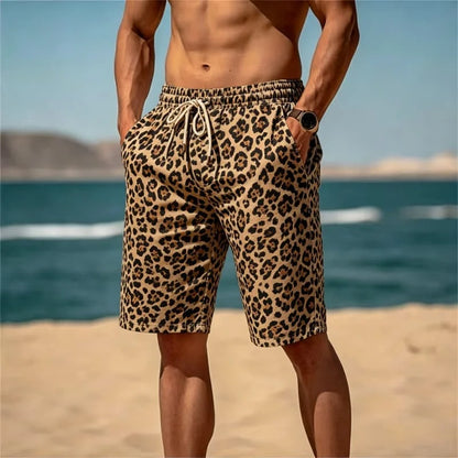 Leopard Print Drawstring Beach Shorts