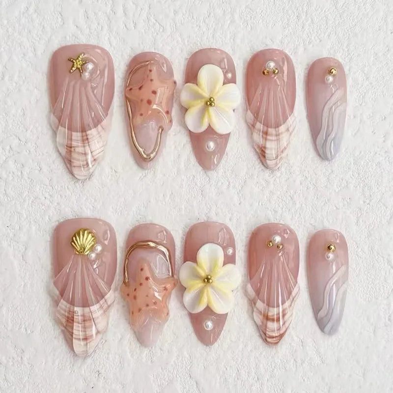 3D Flower Almond Press-On Nails