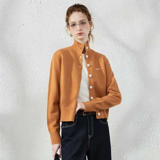 Stand Collar Embroidered Knit Cardigan
