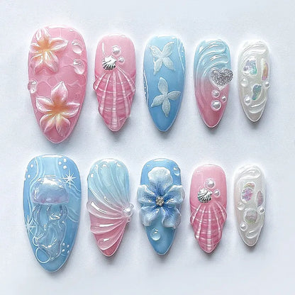 3D Flower Almond Press-On Nails