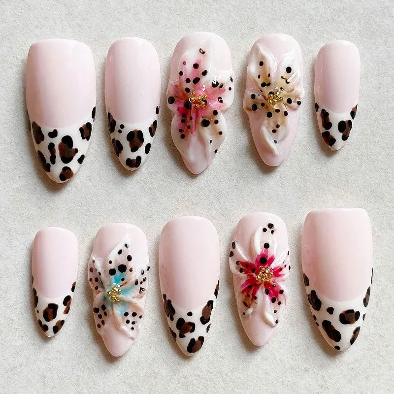 3D Flower Almond Press-On Nails