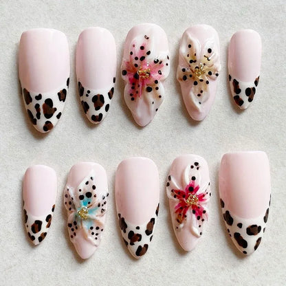 3D Flower Almond Press-On Nails