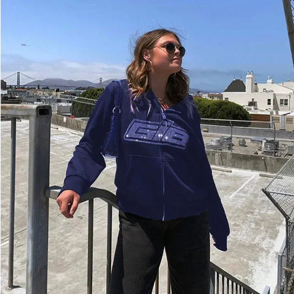 Rhinestone Letter Zip Hoodie