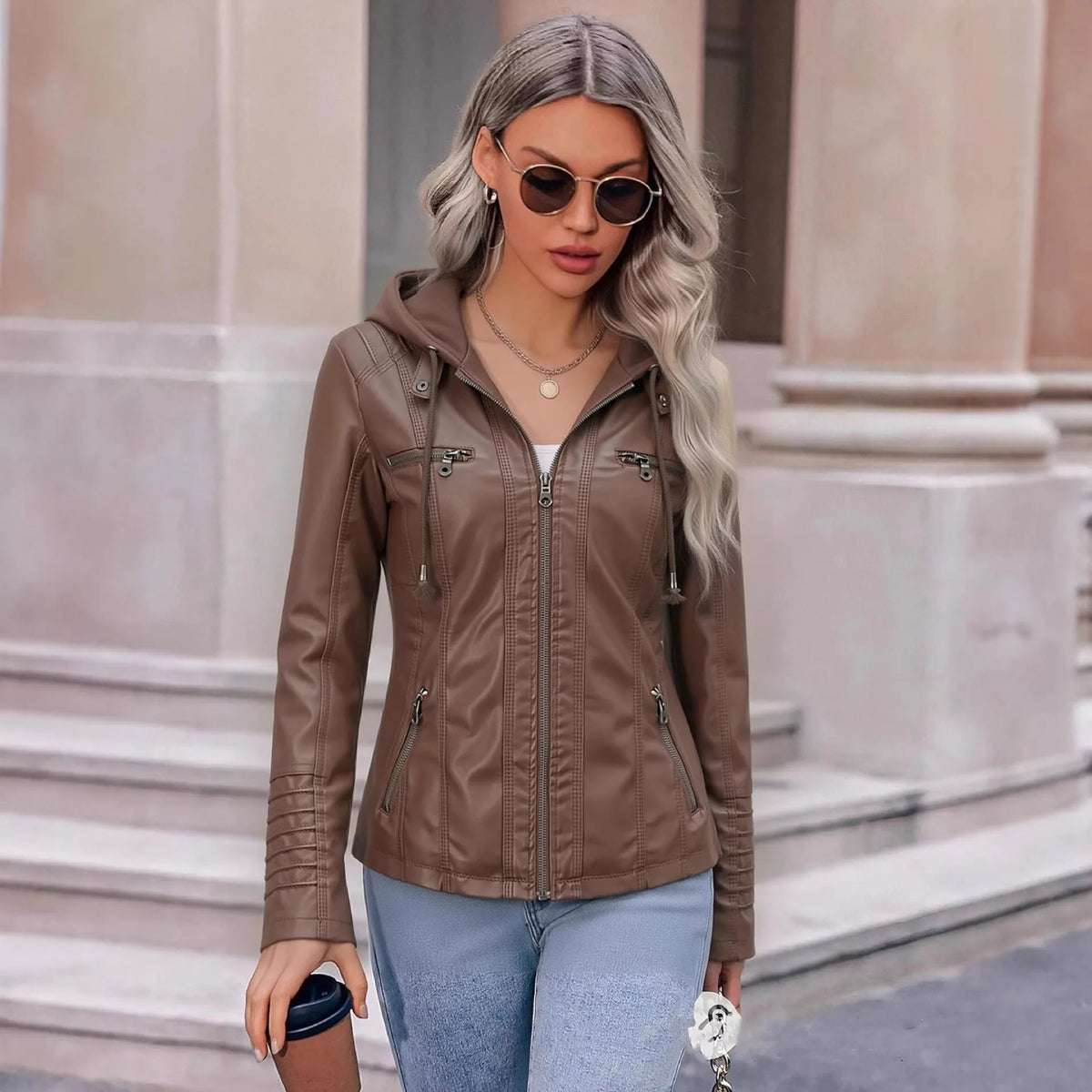 Detachable Hood Faux Leather Jacket