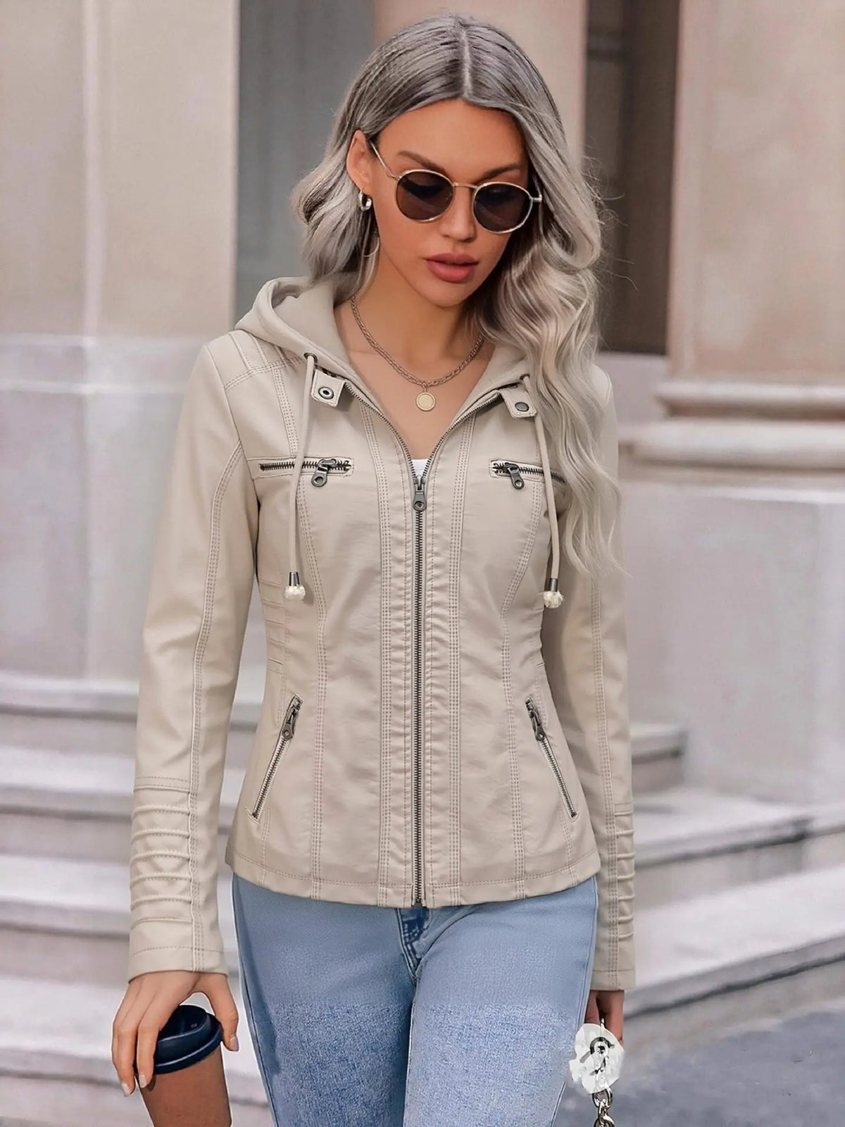Detachable Hood Faux Leather Jacket