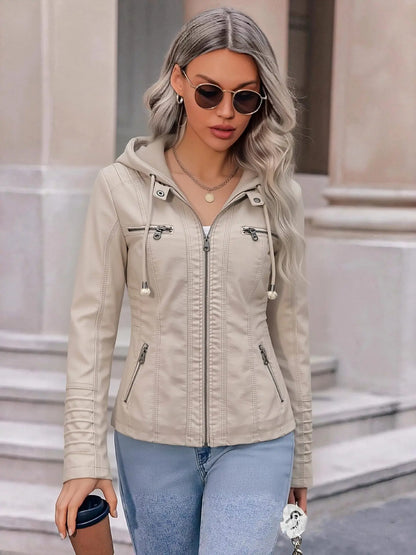 Detachable Hood Faux Leather Jacket