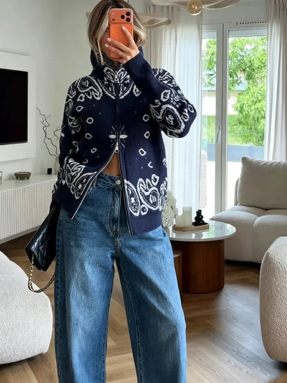 Paisley Zip-Up Knit Cardigan