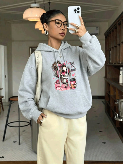 Skull Print Pocket Hoodie