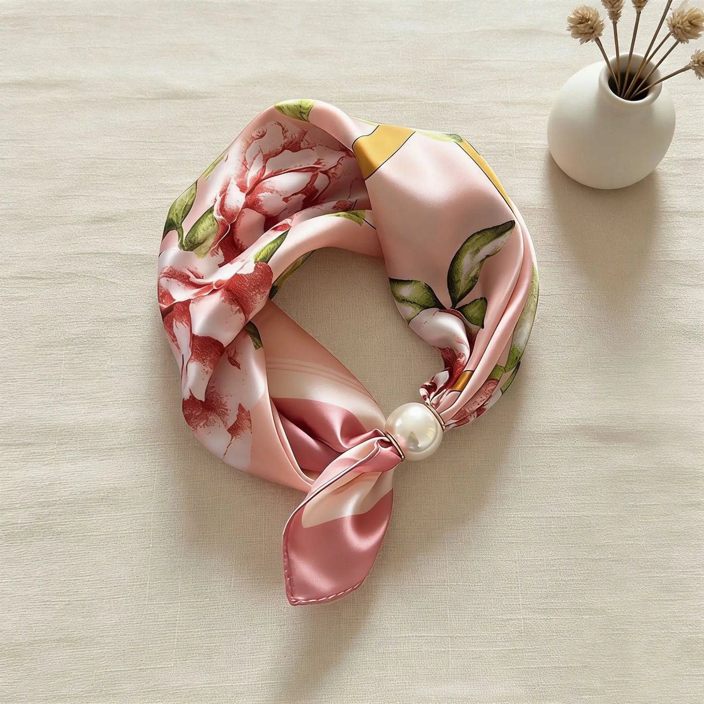 Print Scarf Silk Pearl Buckle