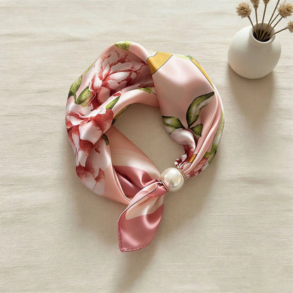 Print Scarf Silk Pearl Buckle