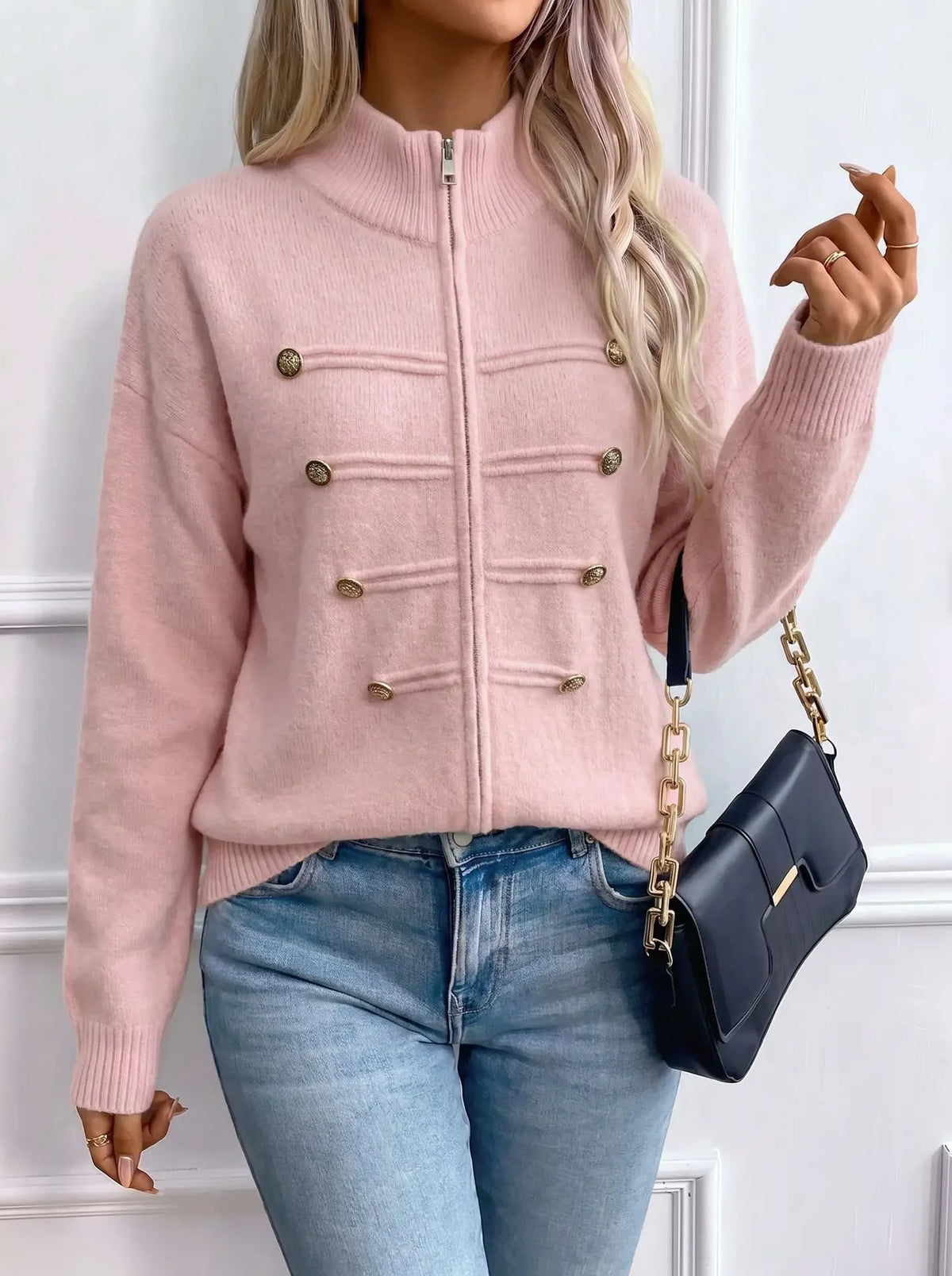 Stand Collar Zip Knit Cardigan