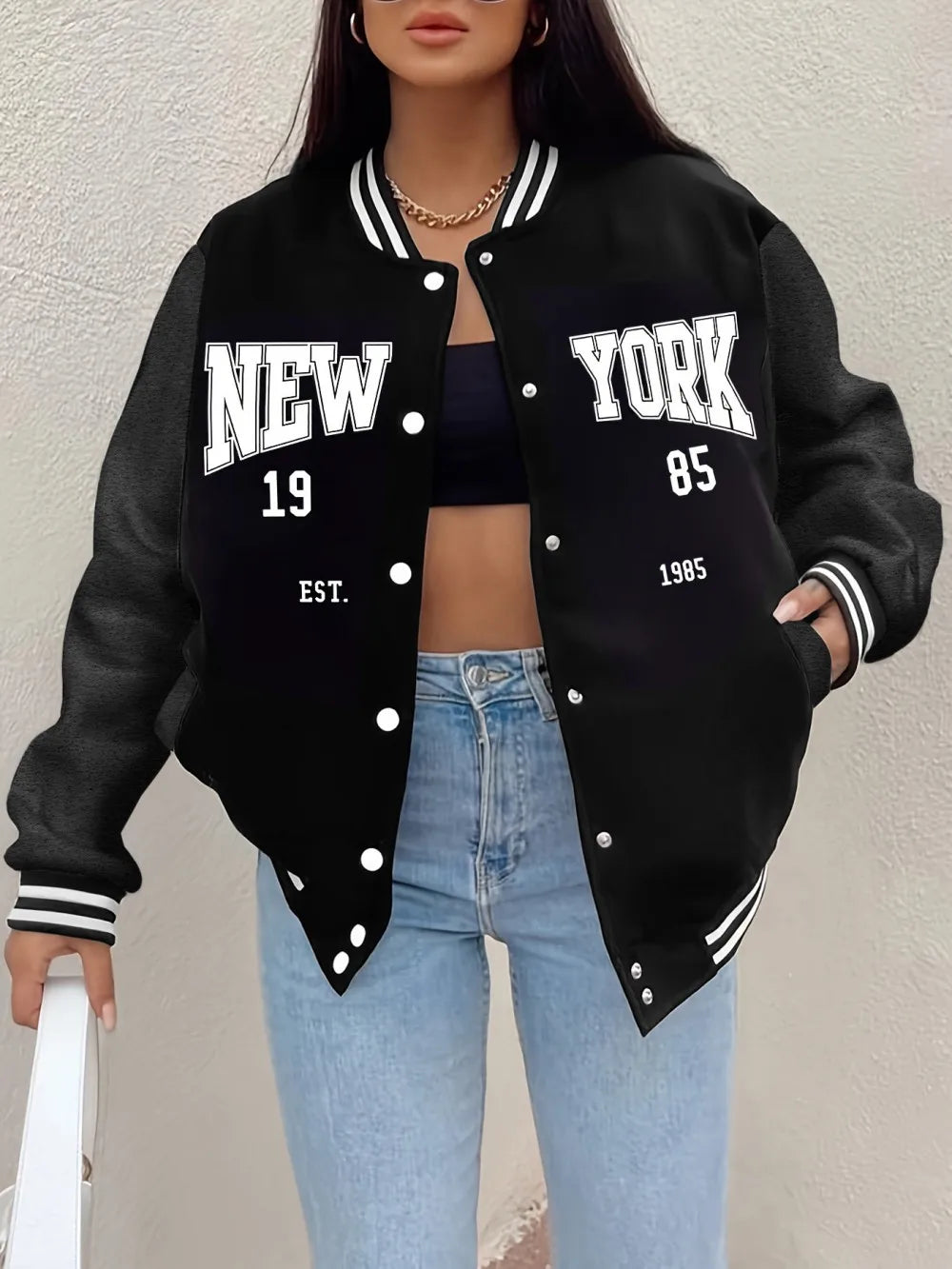 Letter Print Fleece Baseball Jacket