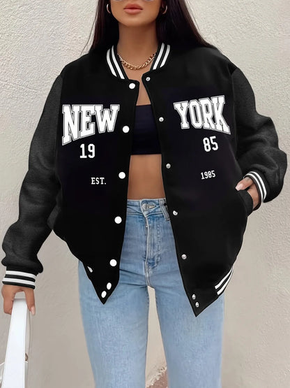 Letter Print Fleece Baseball Jacket