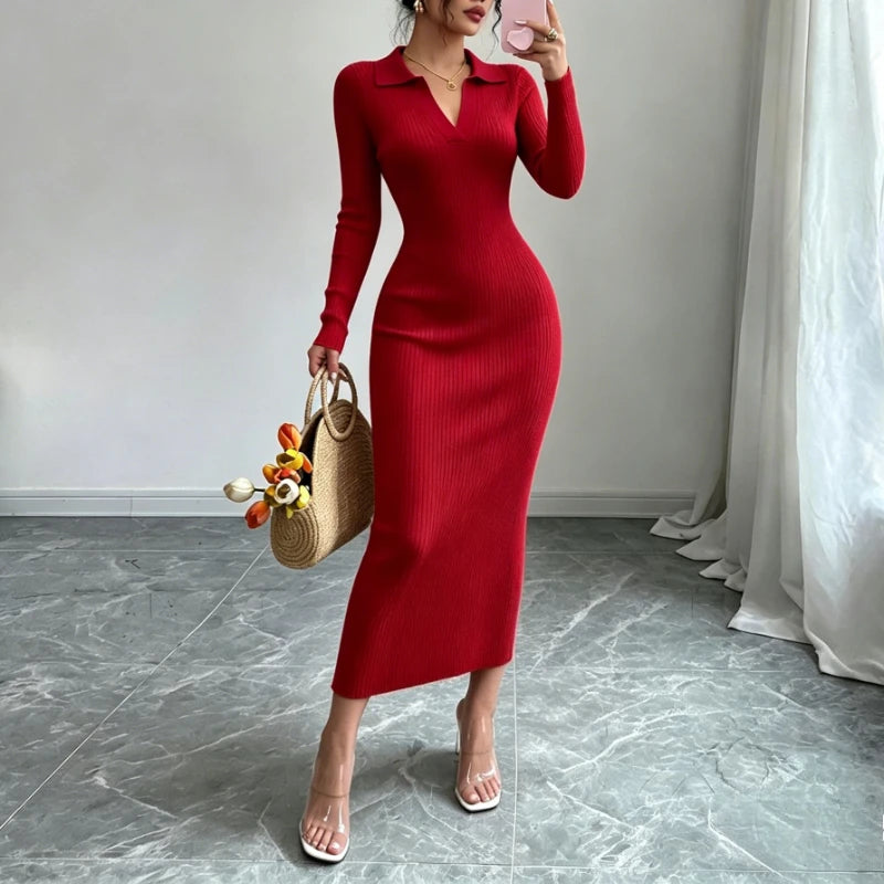 Ribbed Knit Long Sleeve Sweater Dress
