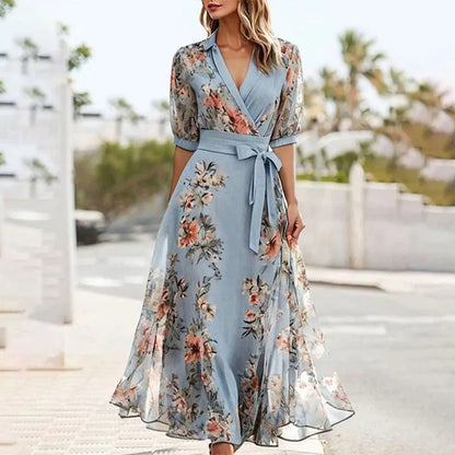Printed V-Neck Lace-Up Short Sleeve Dress