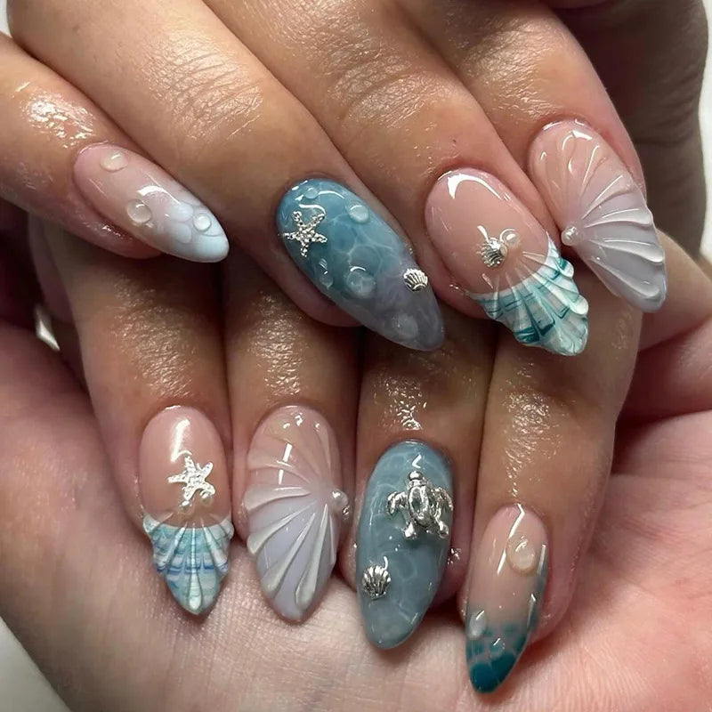 Gradient Blue Flower Press-On Nails
