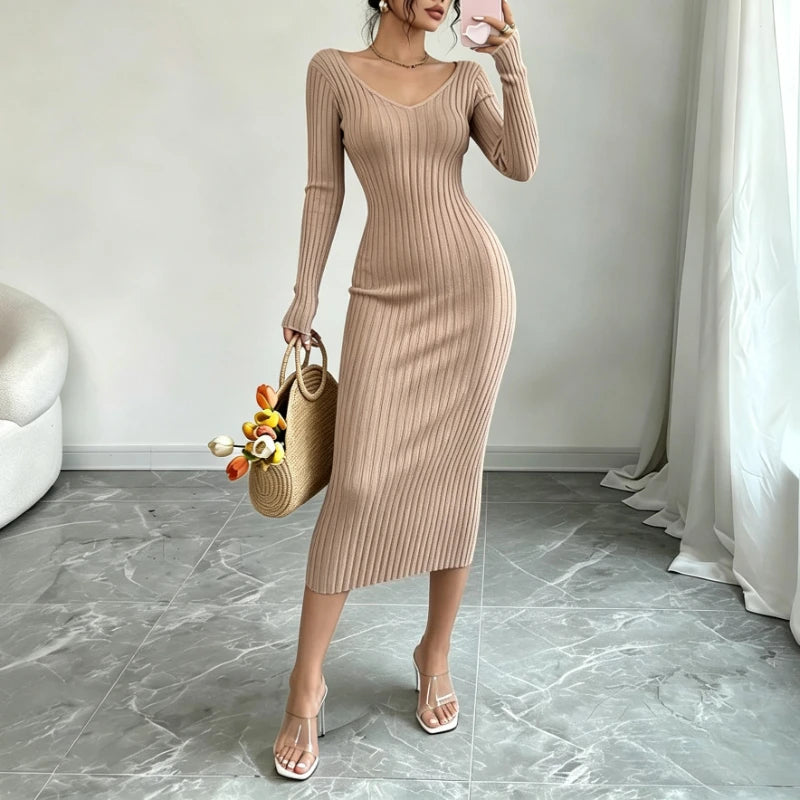 Ribbed Knit V-Neck Sweater Dress