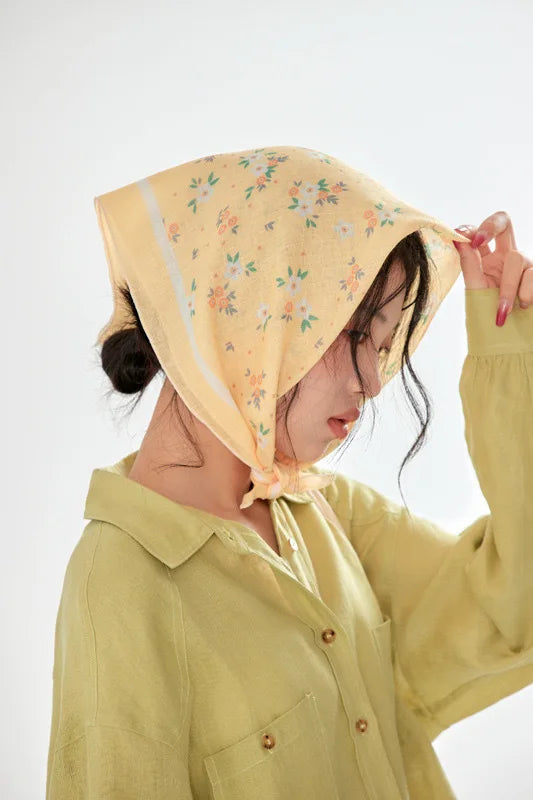 Cotton Linen Square Floral Scarf