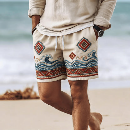 Rhombus Embroidery Drawstring Beach Shorts
