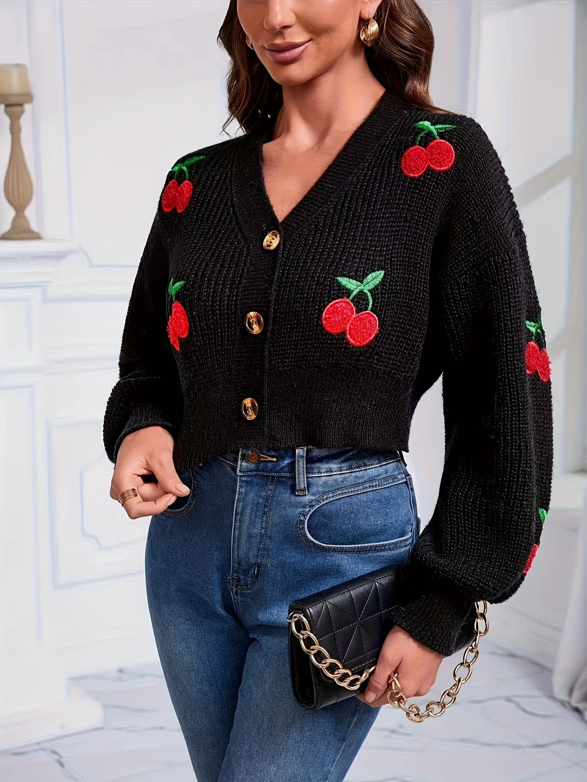 Cherry Embroidered Lantern Sleeve Cardigan