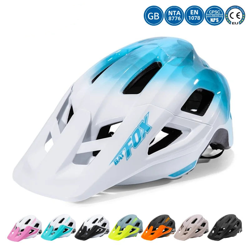 A white and light blue gradient mountain bike helmet with the BATFOX logo, shown on a white background with certification badges and a row of smaller color options at the bottom.