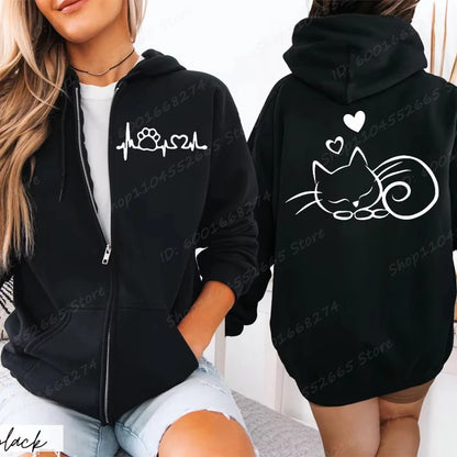 Cat Heartbeat Line Zip Hoodie