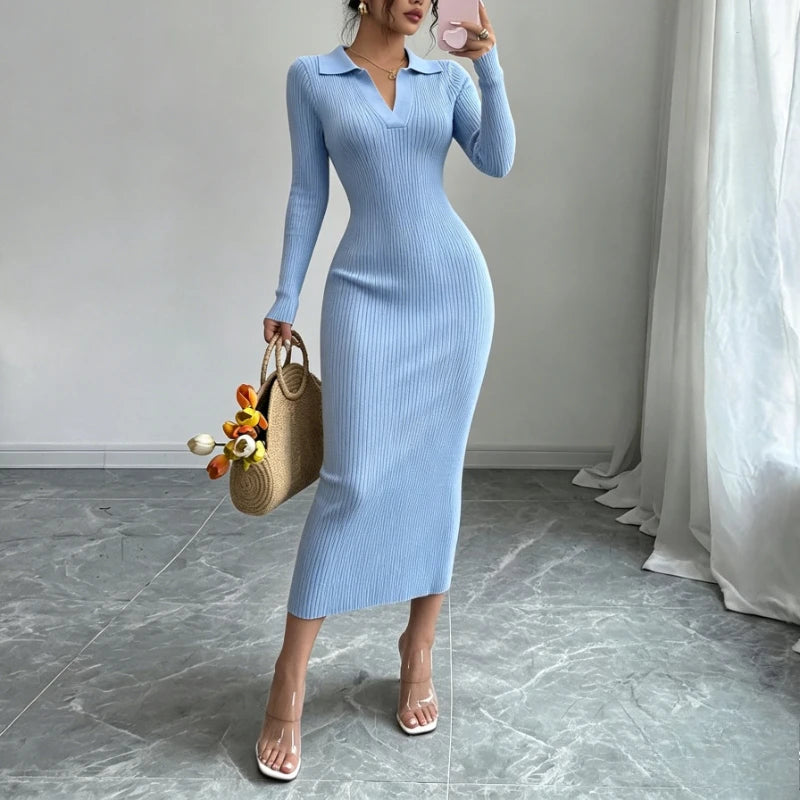Ribbed Knit Long Sleeve Sweater Dress