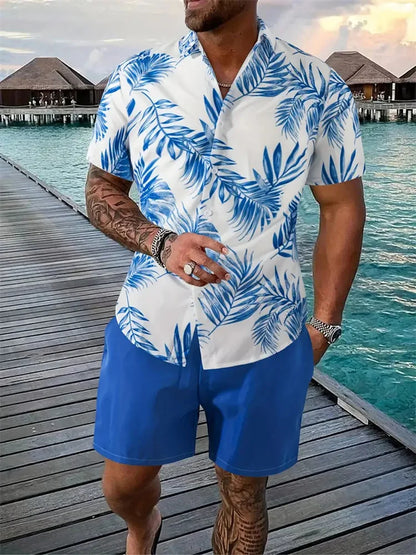 3D Leaf Print Hawaiian Shirt Set