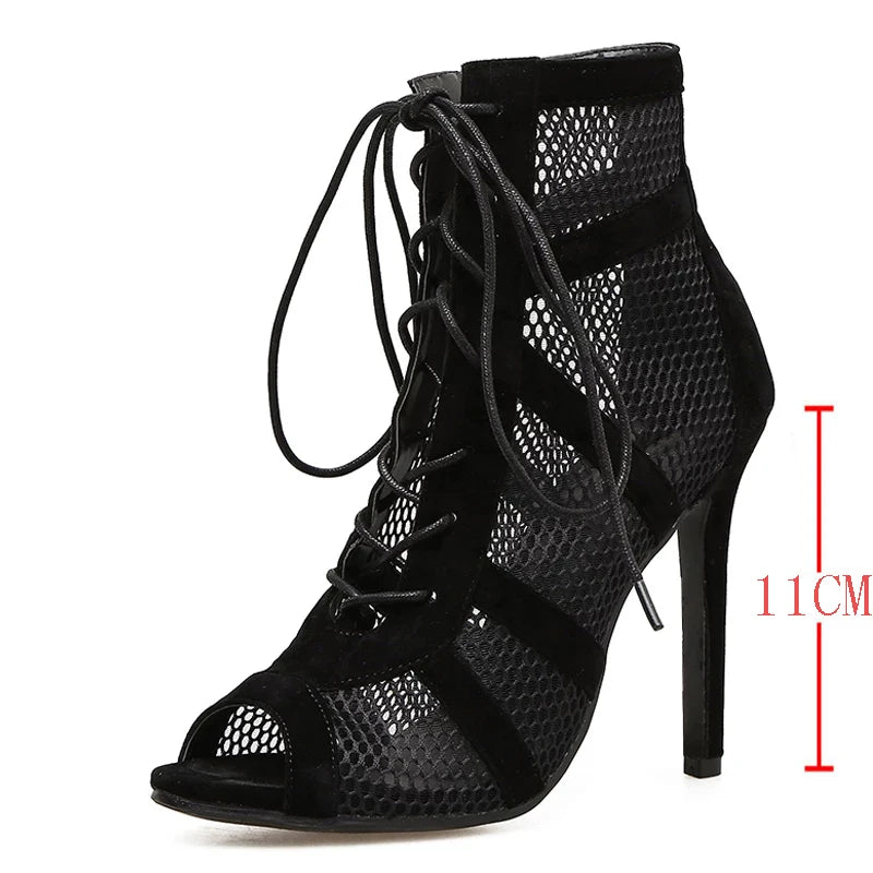 Black Lace-Up Cross-Strap Sandals