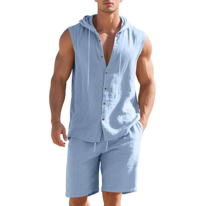 Linen Hooded Sleeveless Shirt Set